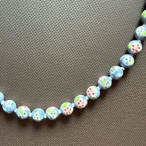 Vintage Estate Cornflower Blue Floral Cloisonné Bead Knotted Necklace